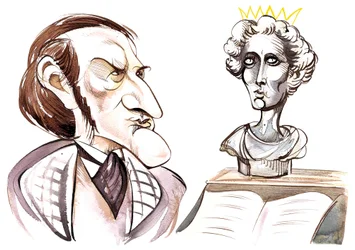 Richard Wagner - karikatuur van Duitse componist met een buste van Mad King Ludwig II van Beieren (1845-86)